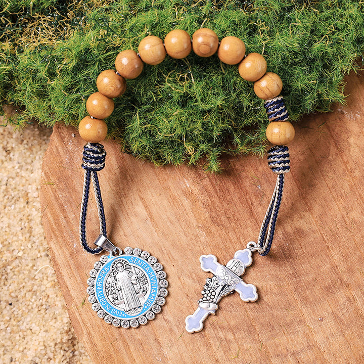 Jesus Hominum Salvator: Ein Jahrzehnt Rosenkranz aus Olivenholz - Blau-weiße Kordel - image 0