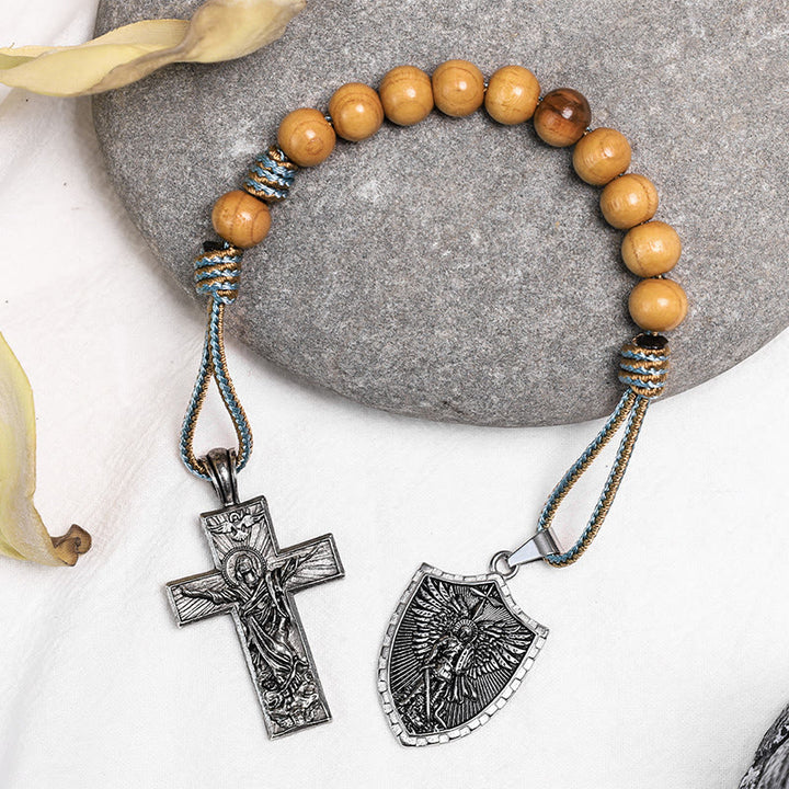 Heiliger Geist Jesus Kreuz & St. Michael der Erzengel Medaille Taschenrosenkranz - Cyan- und Braunkabel - image 0