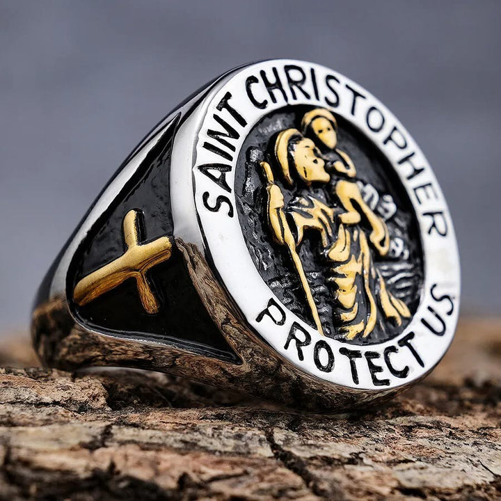 Christianartworkshop Siegelring mit Medaille „St. Christopher Protect Us“ - Silber-Gold - US13 - image 1