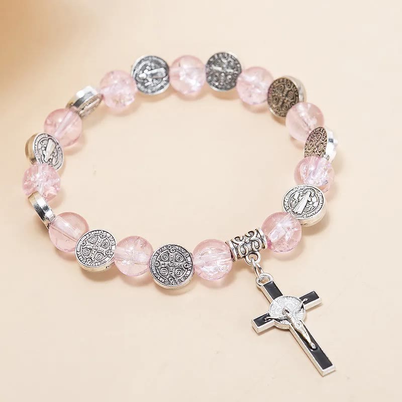 Christianartworkshop Armband mit Perlenanhänger und Jesuskreuz aus Legierung - Rosa - image 6