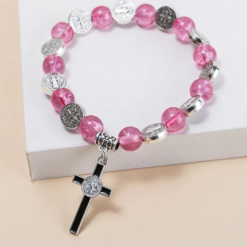 Christianartworkshop Armband mit Perlenanhänger und Jesuskreuz aus Legierung - Rose - image 7