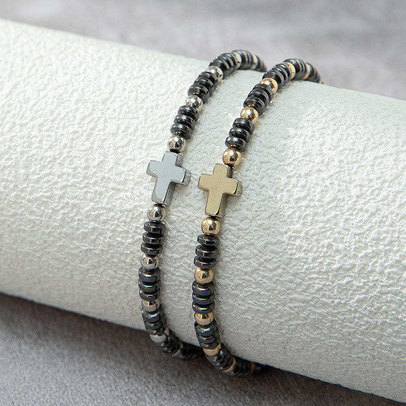 Christianartworkshop 2 Stück stapelbares Hämatit-Armband mit Kreuzdekor und Perlen - image 2