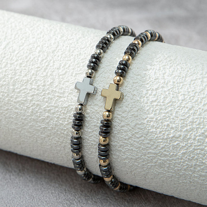 Christianartworkshop 2 Stück stapelbares Hämatit-Armband mit Kreuzdekor und Perlen - image 2