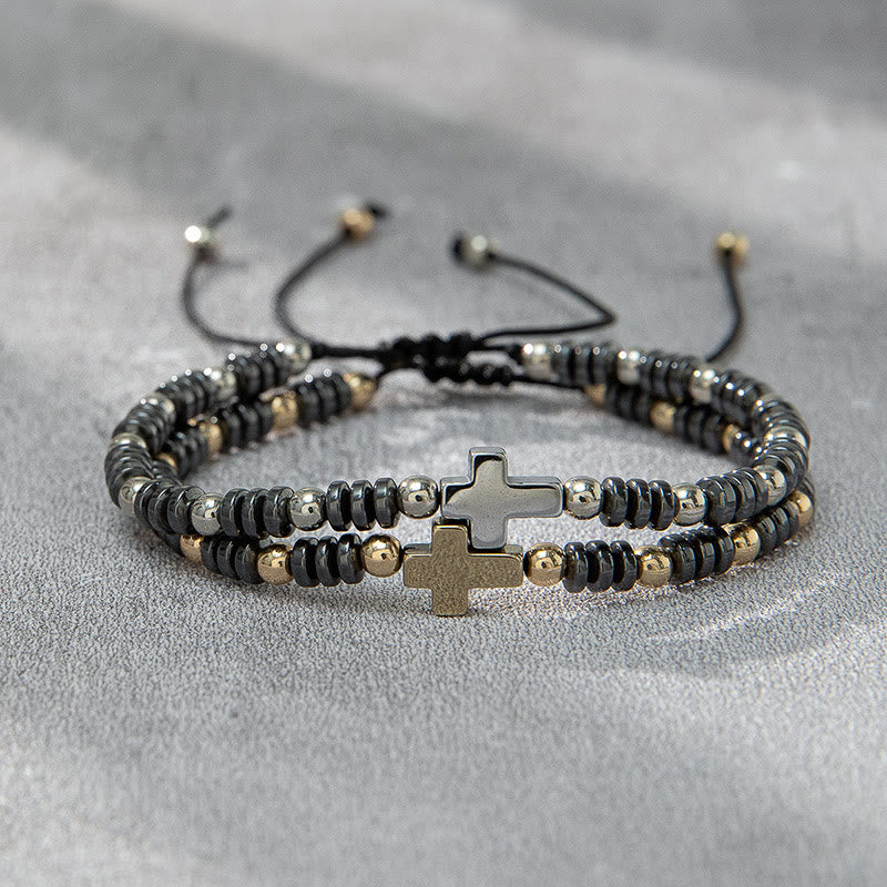 Christianartworkshop 2 Stück stapelbares Hämatit-Armband mit Kreuzdekor und Perlen - Hematit - image 1