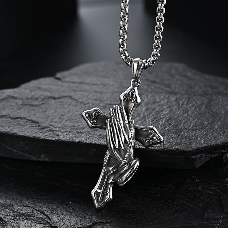 Christianartworkshop Halskette mit Anhänger „Betende Hände“ aus Edelstahl mit Kreuz - Silber - image 1