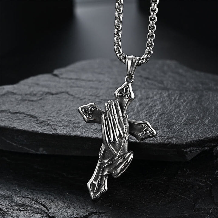 Christianartworkshop Halskette mit Anhänger „Betende Hände“ aus Edelstahl mit Kreuz - Silber - image 1