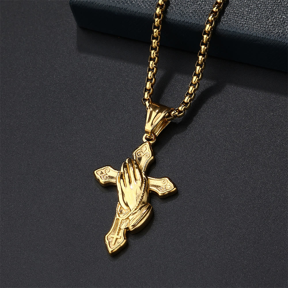 Christianartworkshop Halskette mit Anhänger „Betende Hände“ aus Edelstahl mit Kreuz - Golden - image 8