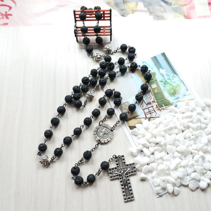 Vintage Kreuz Anhänger Vulkanstein Perlen Rosenkranz - image 3