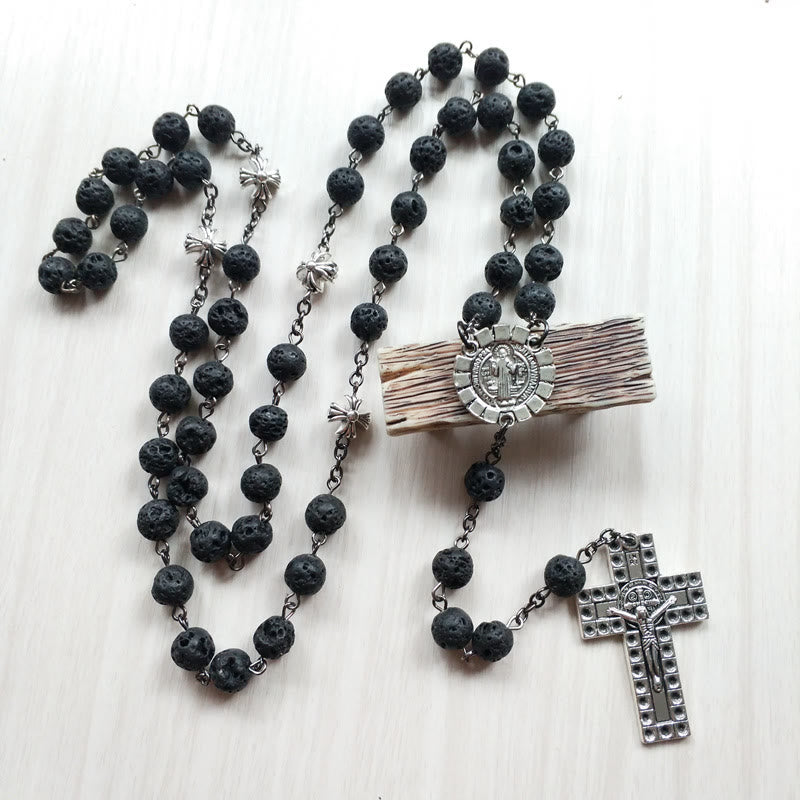 Vintage Kreuz Anhänger Vulkanstein Perlen Rosenkranz - Vulkangestein - image 1