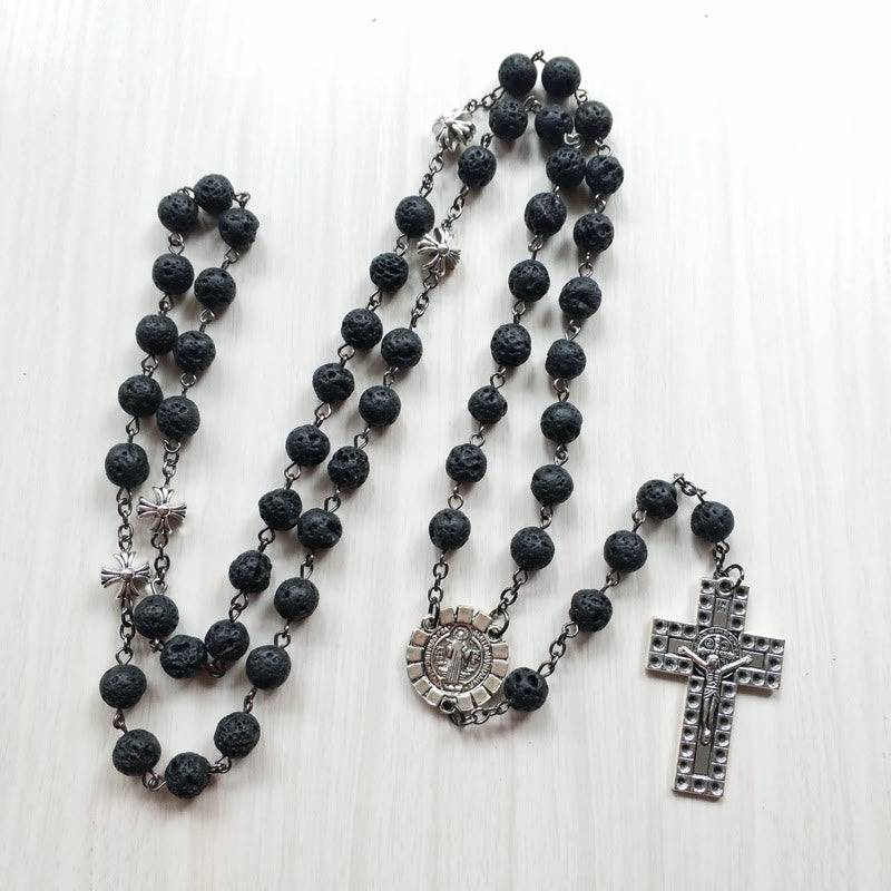 Vintage Kreuz Anhänger Vulkanstein Perlen Rosenkranz - image 4