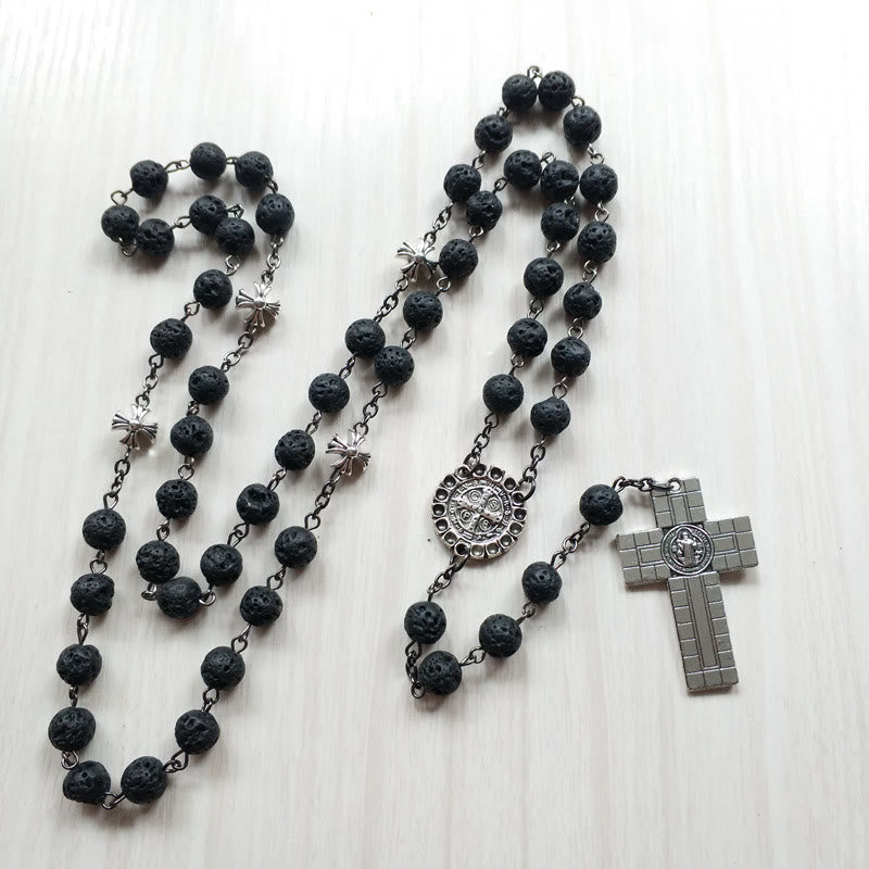 Vintage Kreuz Anhänger Vulkanstein Perlen Rosenkranz - image 5