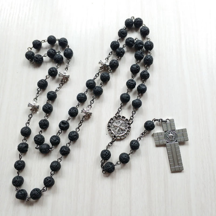 Vintage Kreuz Anhänger Vulkanstein Perlen Rosenkranz - image 5
