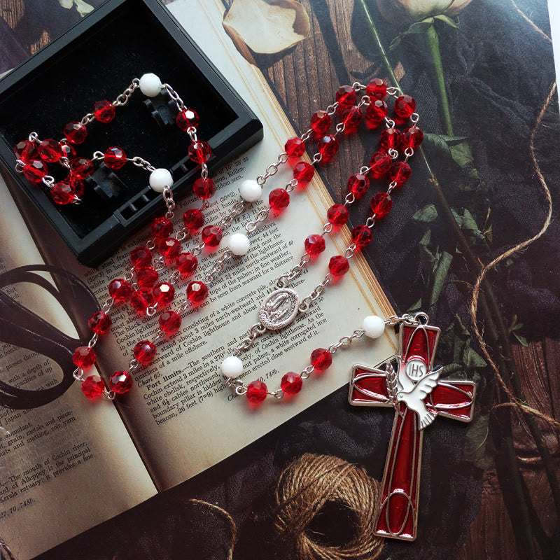IHS Heiliger Geist Taube Kreuz Anhänger Rote Perlen Rosenkranz - Kreuz des Heiligen Geistes - image 1