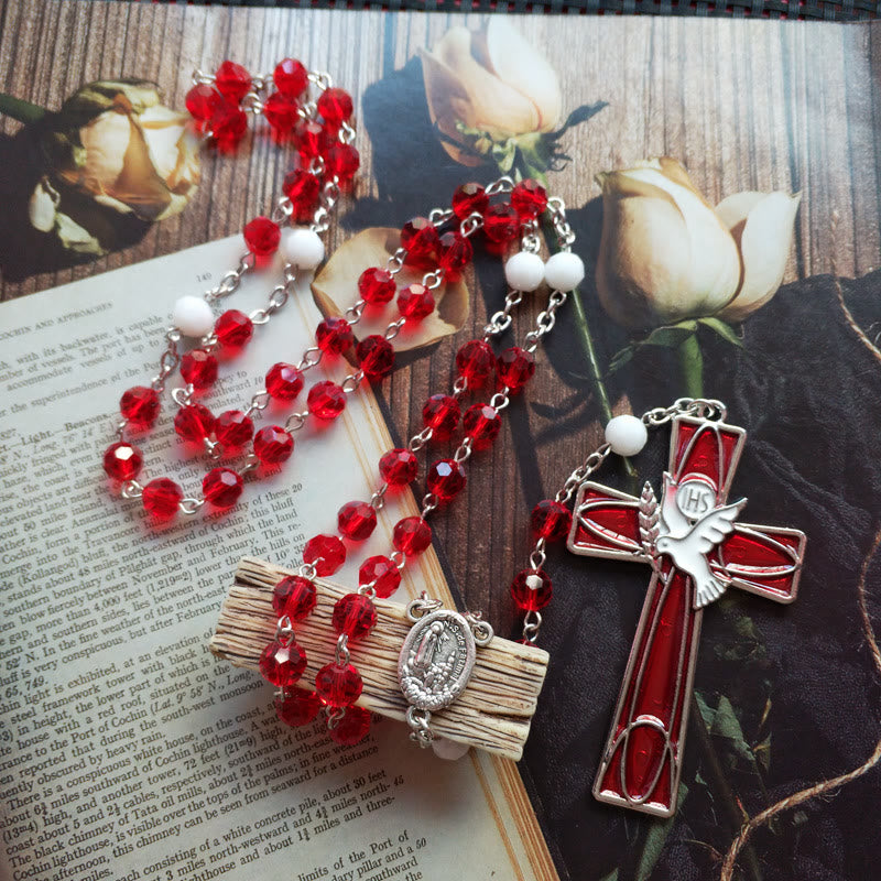 IHS Heiliger Geist Taube Kreuz Anhänger Rote Perlen Rosenkranz - image 2