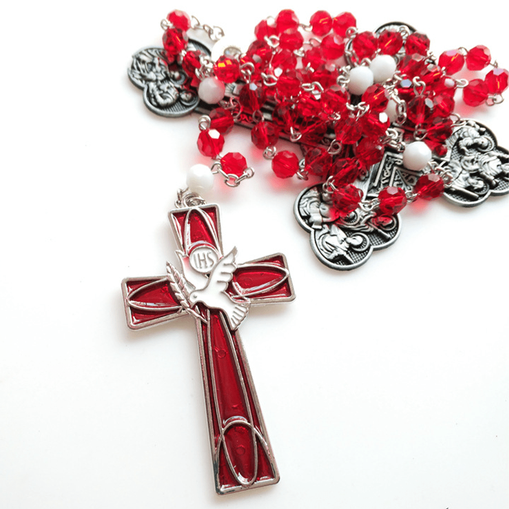 IHS Heiliger Geist Taube Kreuz Anhänger Rote Perlen Rosenkranz - image 3
