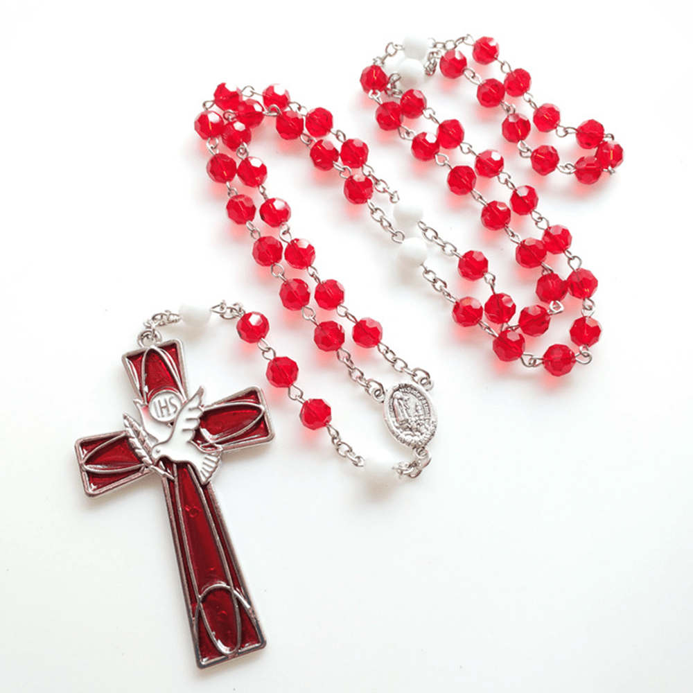 IHS Heiliger Geist Taube Kreuz Anhänger Rote Perlen Rosenkranz - image 5