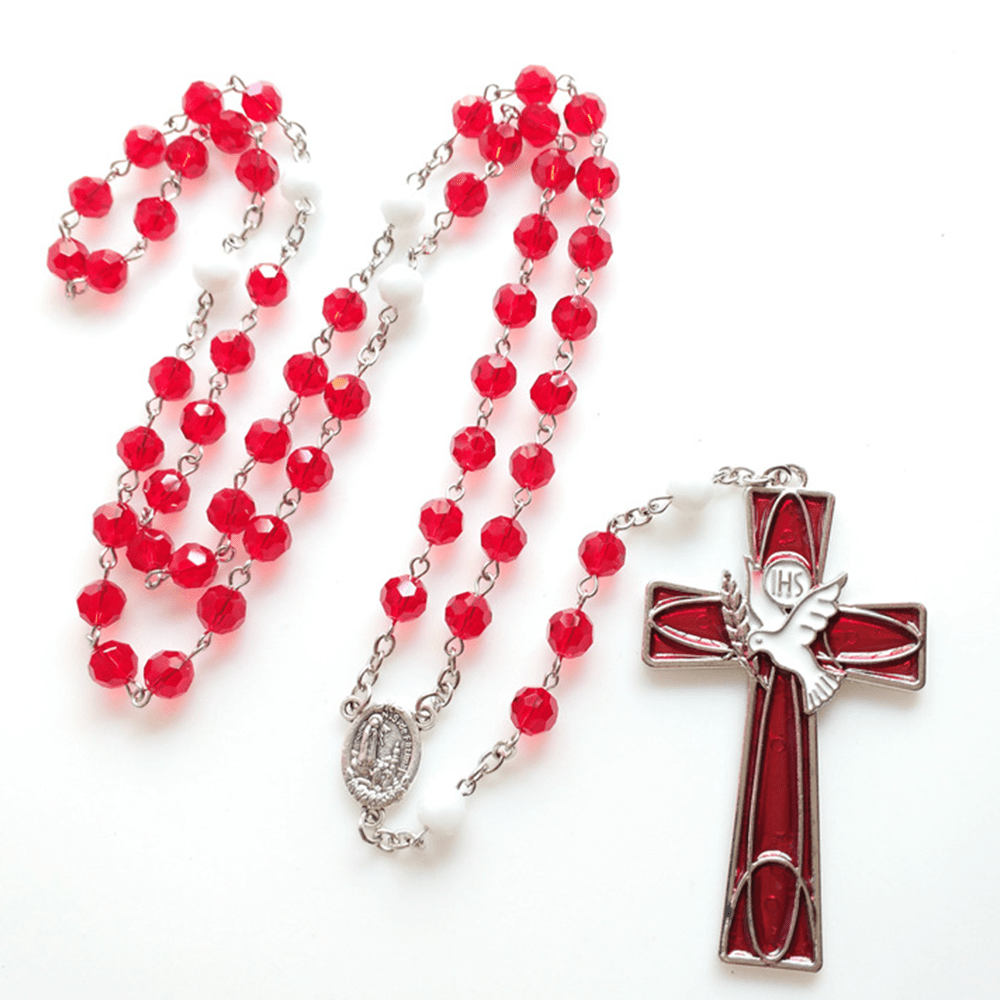 IHS Heiliger Geist Taube Kreuz Anhänger Rote Perlen Rosenkranz - image 6