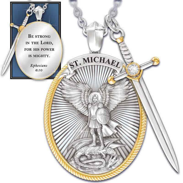 Christianartworkshop Halskette mit Anhänger „St. Michael“ in zweifarbigem Schwert und ovalem Schild - St. Michael - image 0