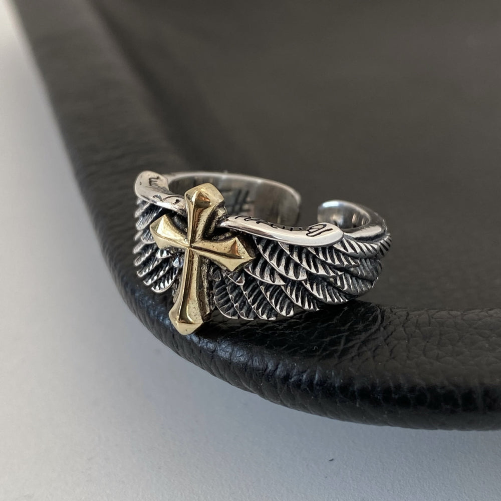 Christianartworkshop Retro Wings Cross Graffiti Letter Adjustable Ring - image 1