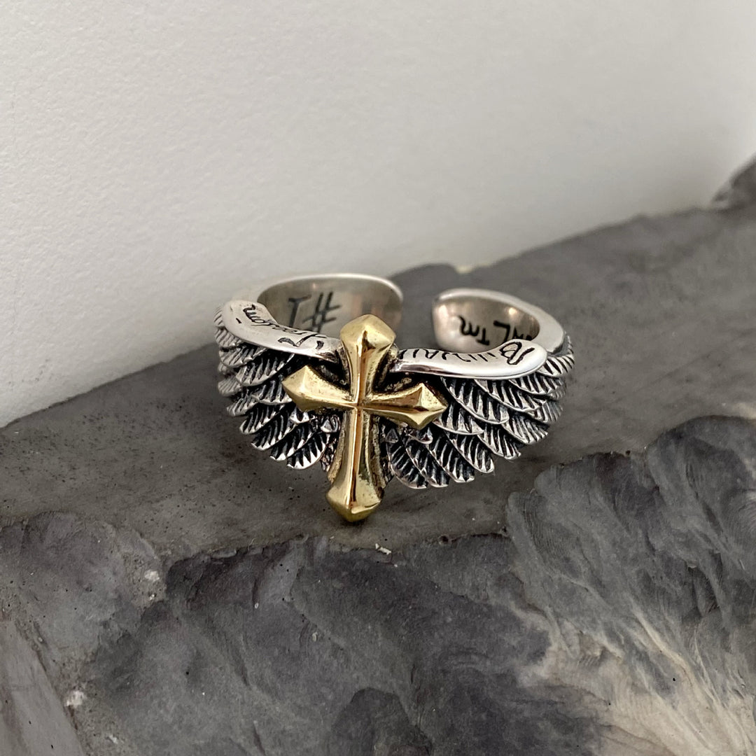 Christianartworkshop Verstellbarer Ring mit Retro-Flügeln, Kreuz, Graffiti-Buchstaben - Einstellbar - image 1