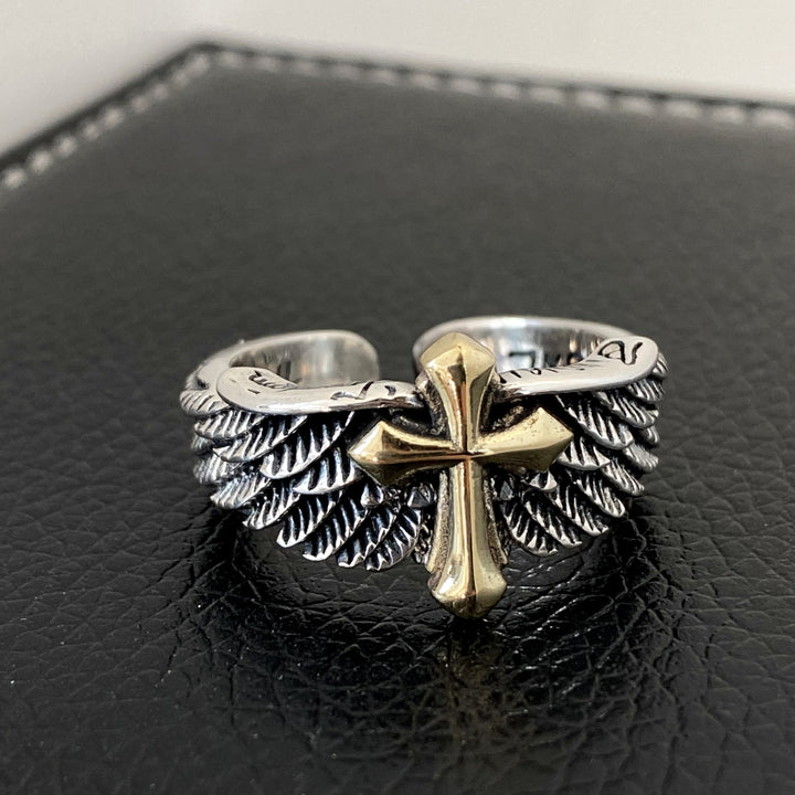 Christianartworkshop Retro Wings Cross Graffiti Letter Adjustable Ring - image 4