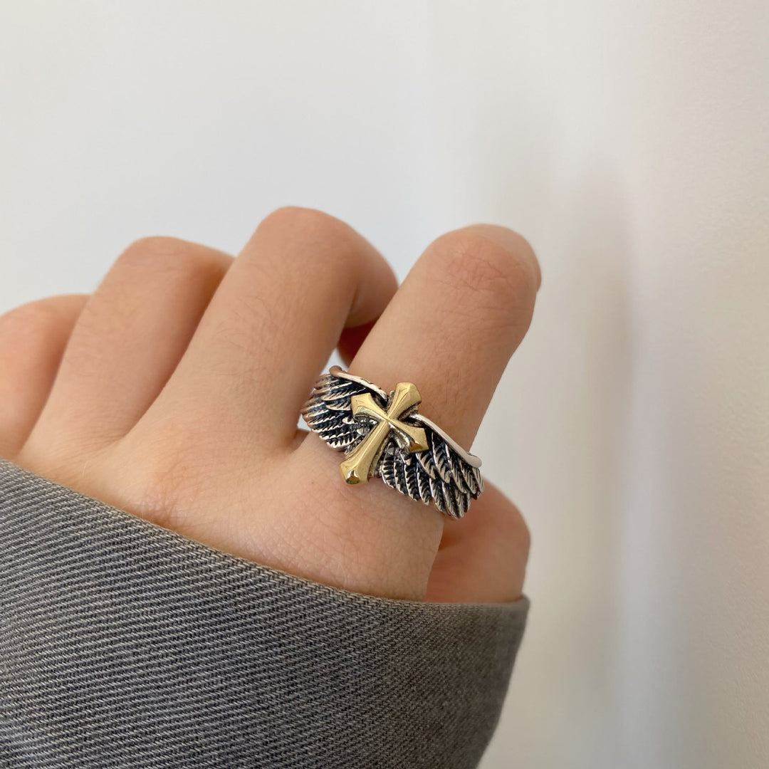 Christianartworkshop Retro Wings Cross Graffiti Letter Adjustable Ring - image 5
