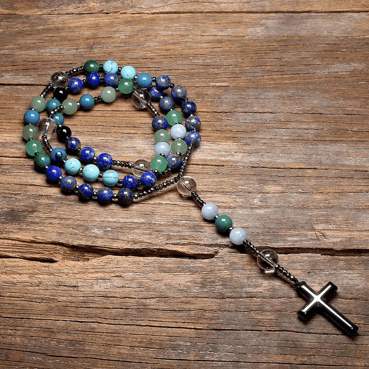 Hämatit-Kreuz-Anhänger Naturstein-Mix Christlicher Rosenkranz - Aquamarin - image 5