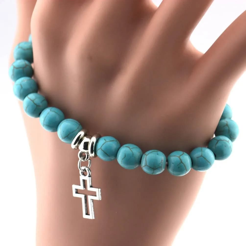 Christianartworkshop Armband mit christlichem Kreuz, türkisfarbene Perlen, 10 mm - image 6