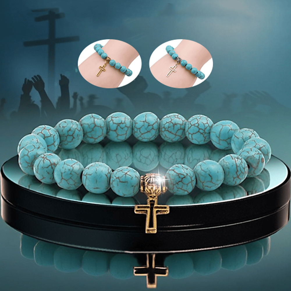 Christianartworkshop Armband mit christlichem Kreuz, türkisfarbene Perlen, 10 mm - Golden - image 1