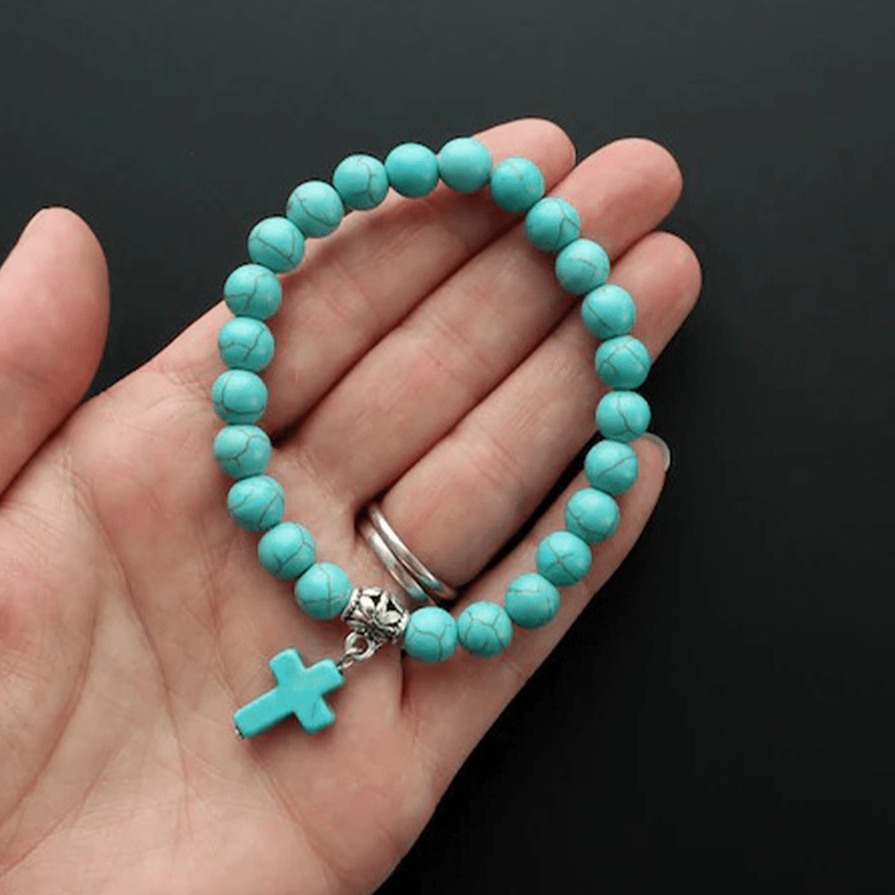 Christianartworkshop Armband mit matten, türkisfarbenen Perlen und Kreuzform - image 2