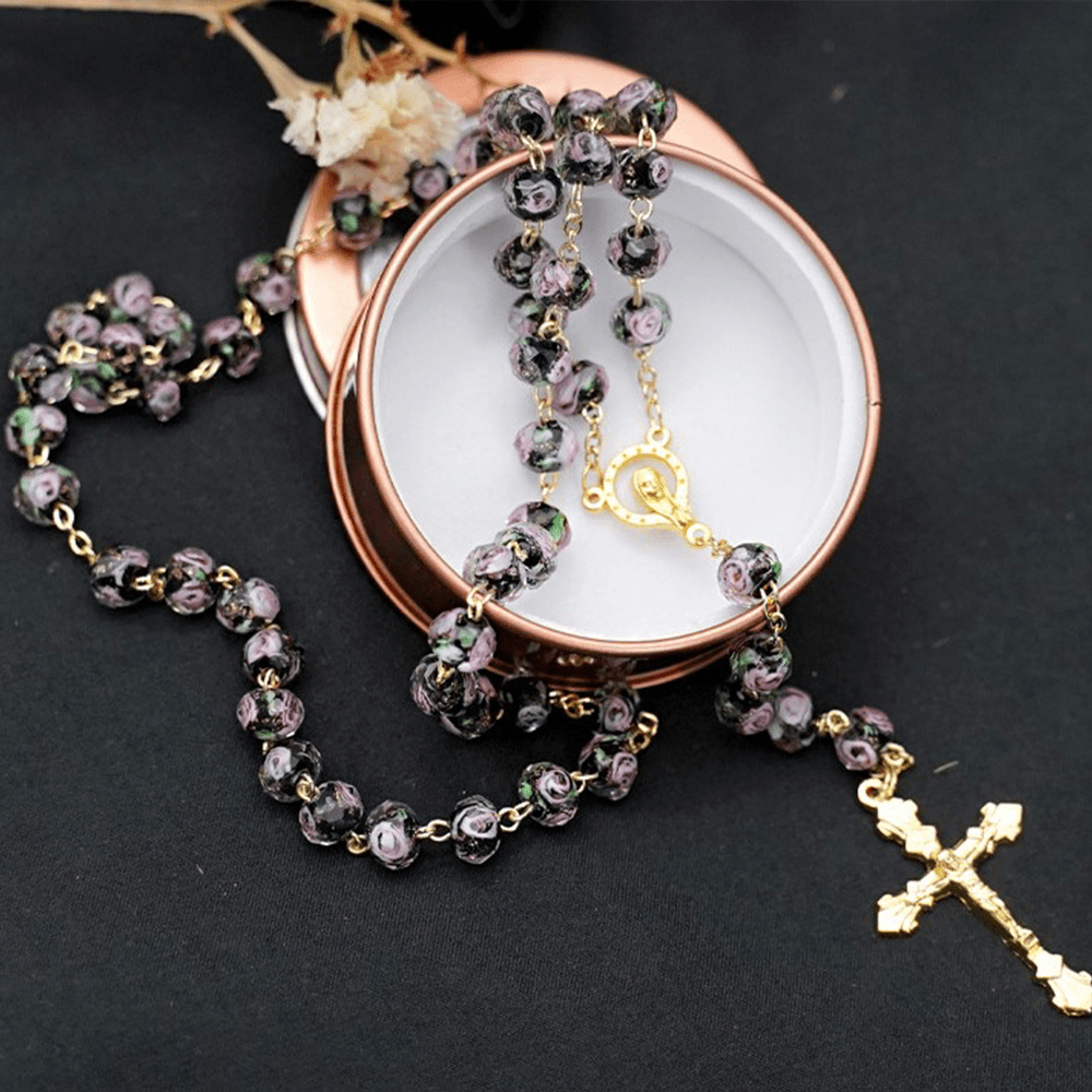Christianartworkshop Rosenkranz mit glasierten Perlen und Blumen, Maria und Kruzifix - Schwarz - image 6