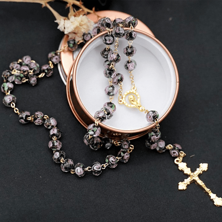 Christianartworkshop Rosenkranz mit glasierten Perlen und Blumen, Maria und Kruzifix - Schwarz - image 6