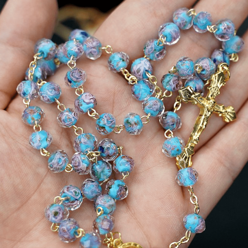 Christianartworkshop Rosenkranz mit glasierten Perlen und Blumen, Maria und Kruzifix - Himmelblau - image 4