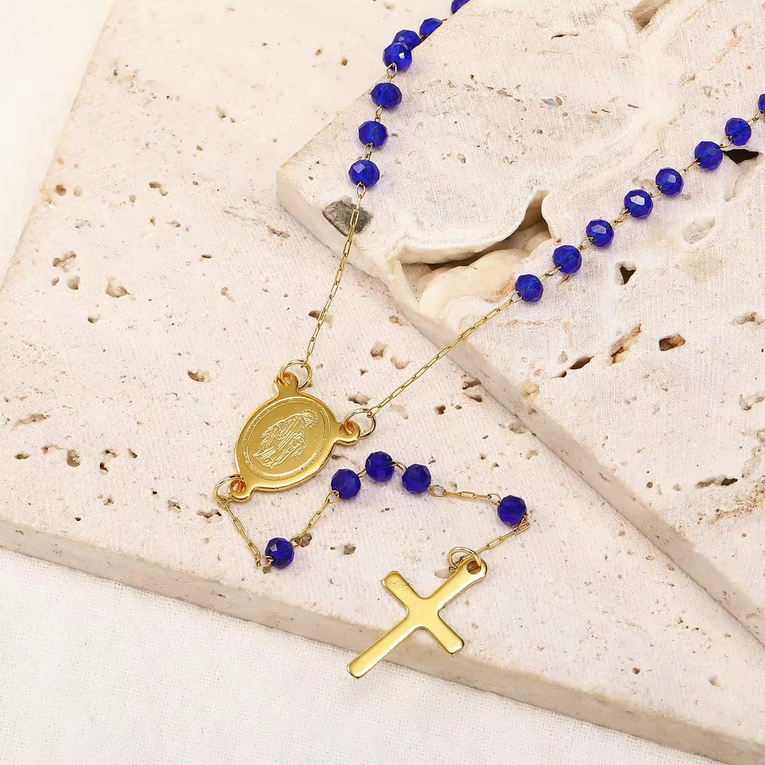 Christianartworkshop Halskette mit Anhänger aus Glasperlen mit Medaille und Kreuz der Jungfrau Maria - Königsblau - image 1