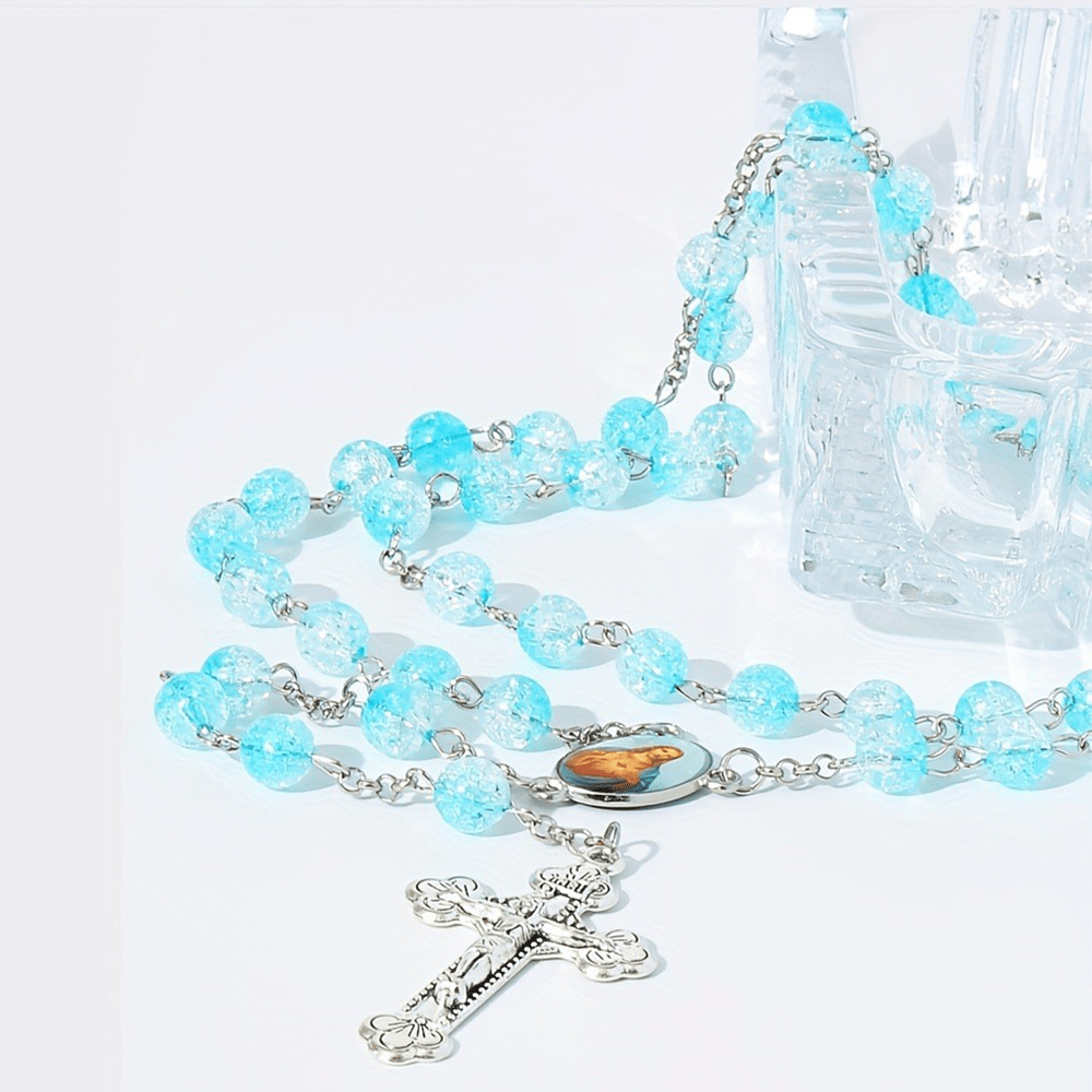 Himmlischer Rosenkranz aus blauen Glasperlen mit Jesusherz und Kruzifix - Himmelblau - image 1