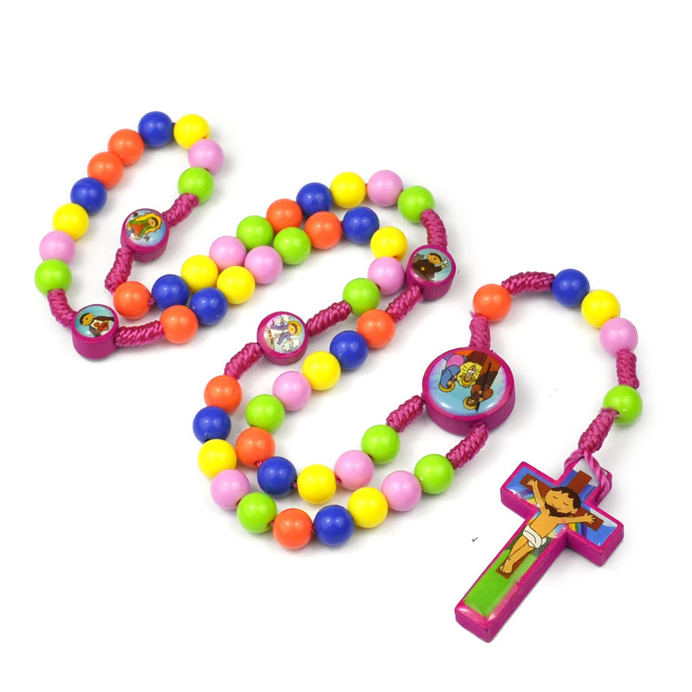 Bunte Runde Perlen Kreuz Anhänger Kinder Rosenkranz - Rosa - image 1