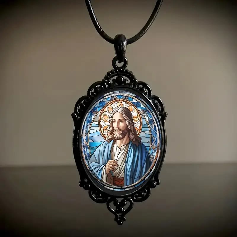 Christianartworkshop Halskette mit ovalem Jesus-Anhänger aus Glas im Retro-Stil - image 1