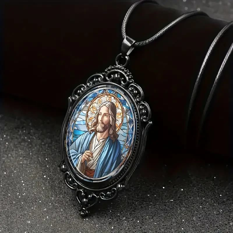 Christianartworkshop Halskette mit ovalem Jesus-Anhänger aus Glas im Retro-Stil - Schwarz - image 1