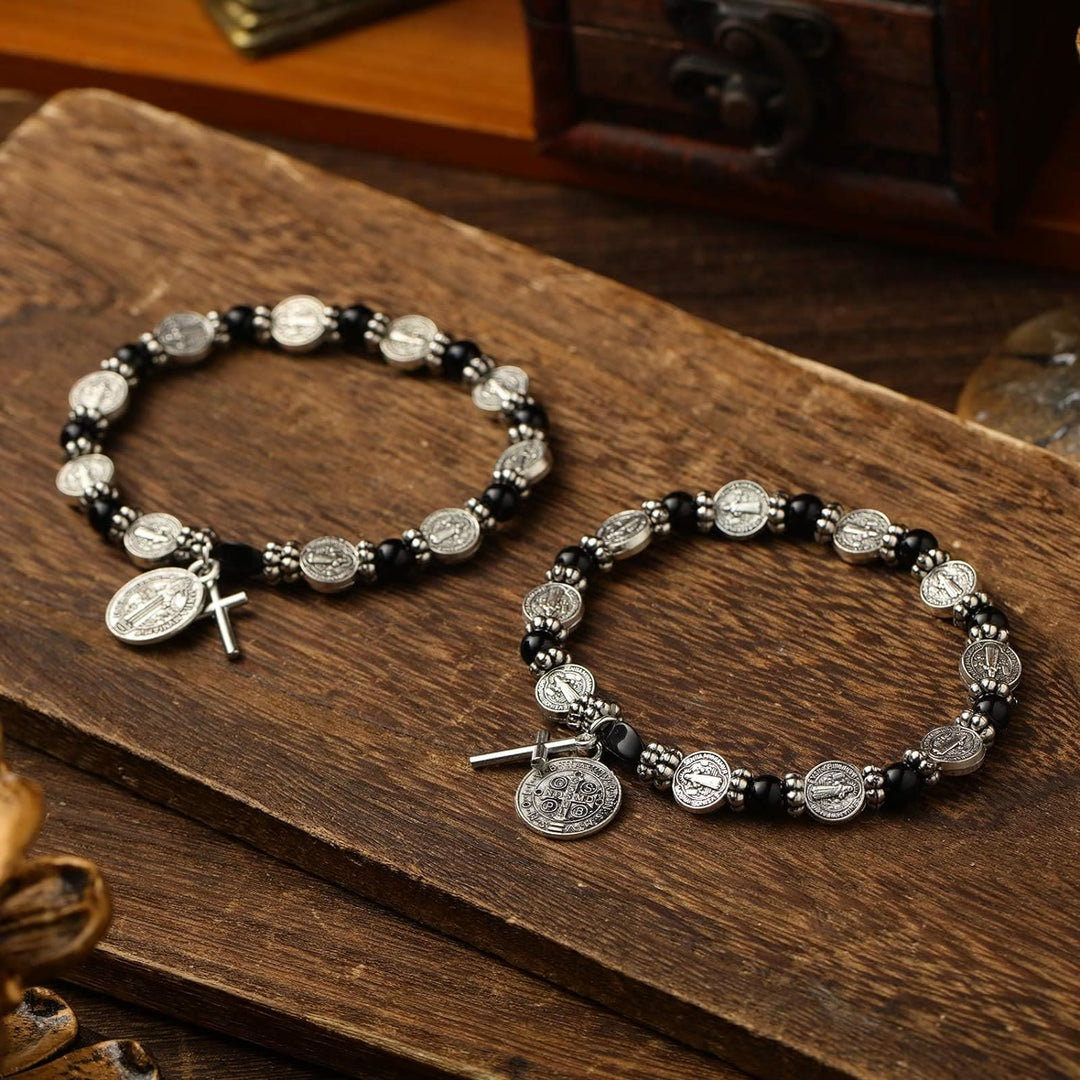Christianartworkshop Silbernes Rosenkranz-Armband mit St. Benedikt-Medaille - Schwarz - image 1
