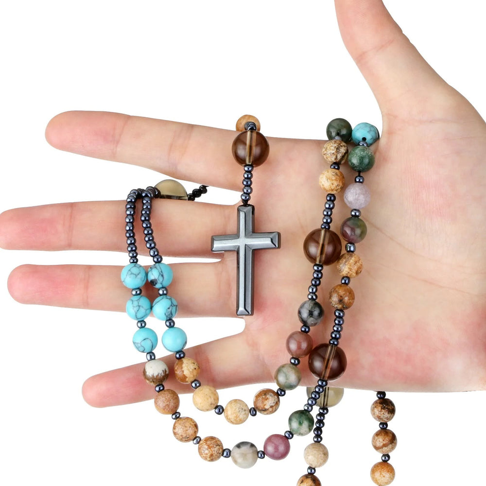 Hämatitkreuz, christlicher Rosenkranz mit sieben Steinen - image 1