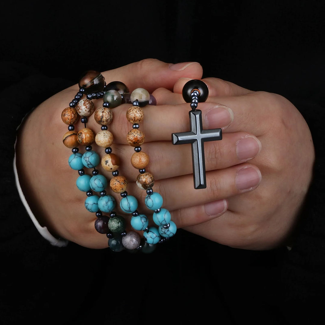 Hämatitkreuz, christlicher Rosenkranz mit sieben Steinen - Sieben Steine - image 0