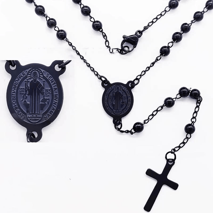 Rosenkranz aus schwarzen Edelstahlperlen - Der heilige Benedikt - image 3