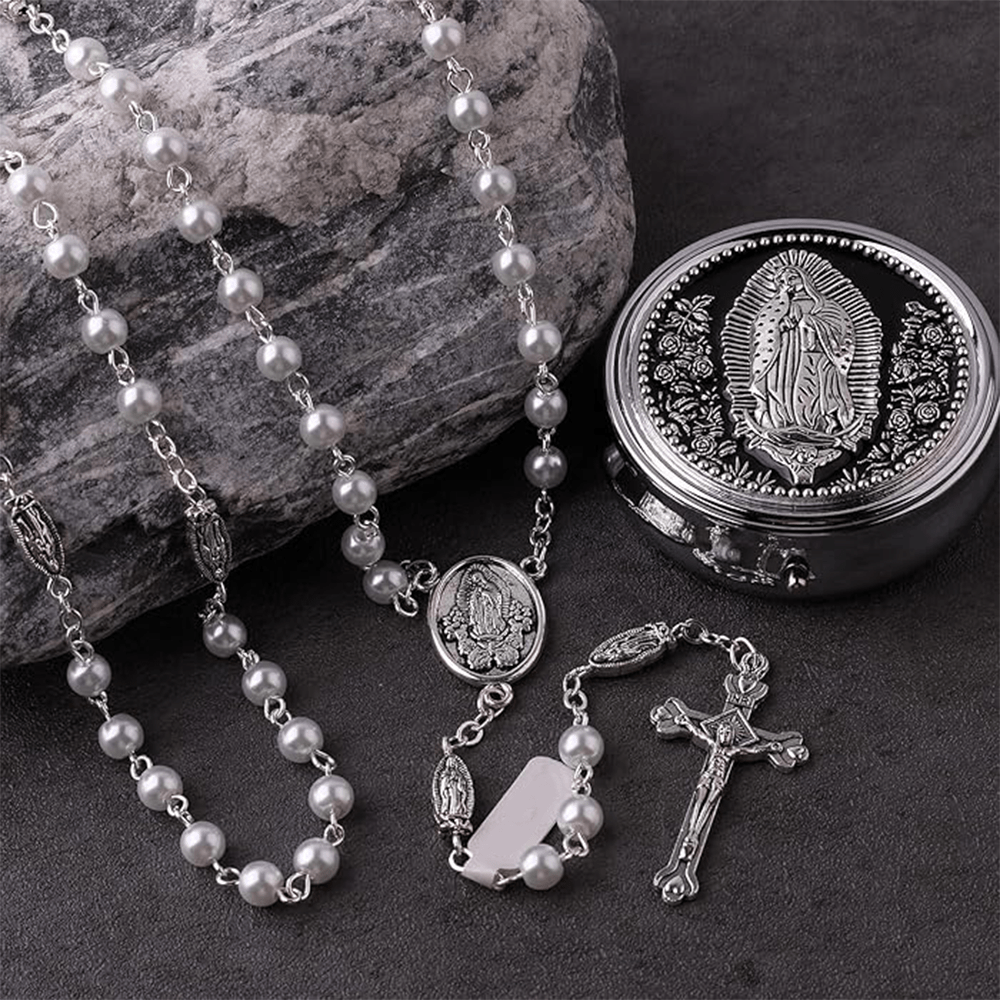 Katholischer Rosenkranz mit weißen Perlen Unserer Lieben Frau von Guadalupe - Weiß - image 1