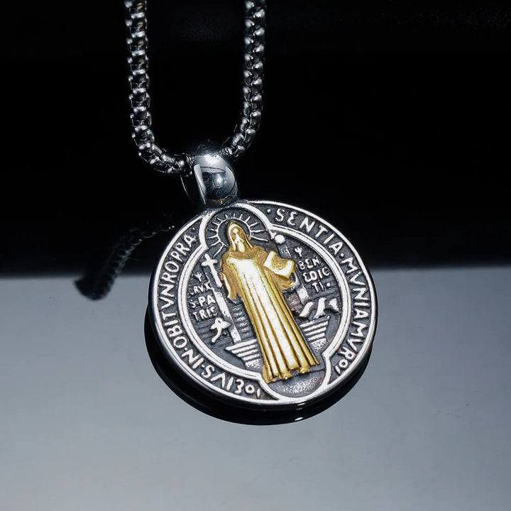 Christianartworkshop Doppelseitiges Muster St. Benedikt Symbol Halskette - Silber-Gold - image 5