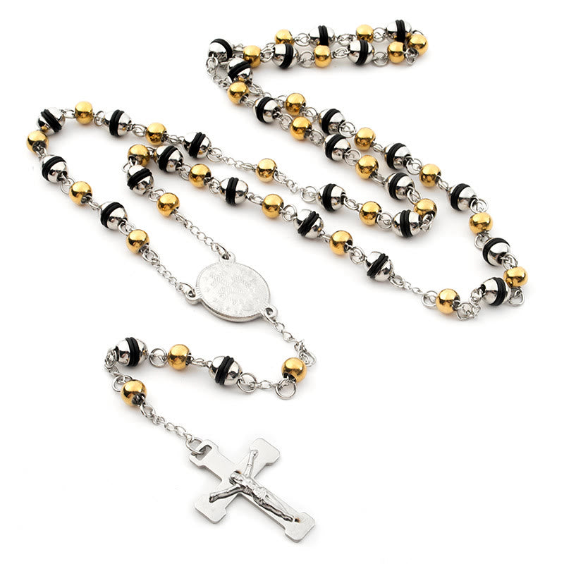 Edelstahl Perlenkette Kreuz Anhänger Rosenkranz - Silber-Gold-Perlen - image 1