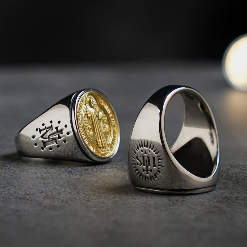 Christianartworkshop Zweifarbiger katholischer Ring mit St. Benedikt-Medaille und Kreuz - image 3