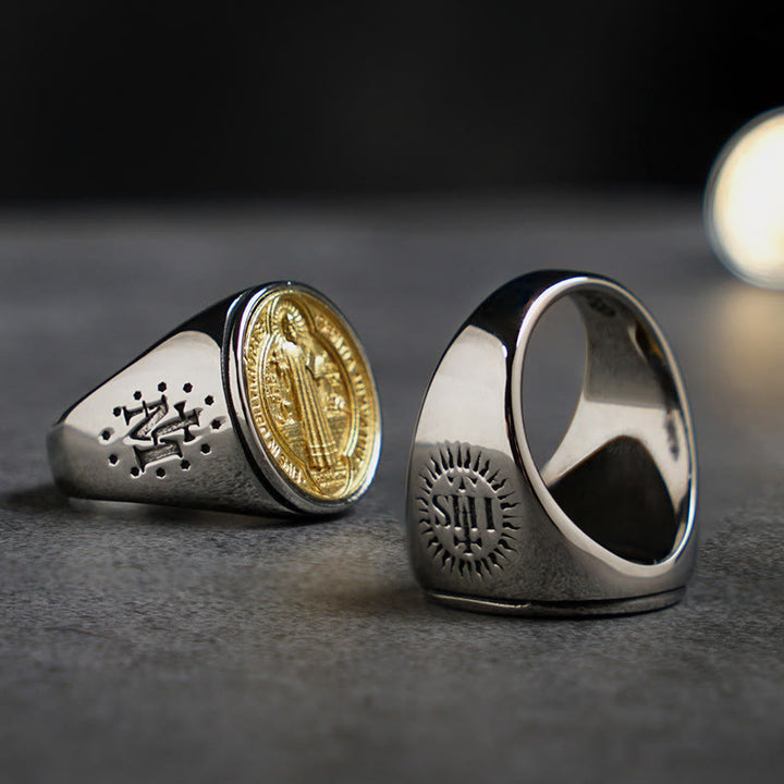 Christianartworkshop Zweifarbiger katholischer Ring mit St. Benedikt-Medaille und Kreuz - image 3
