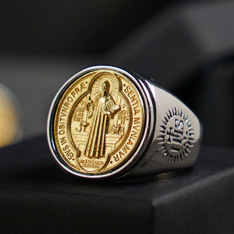 Christianartworkshop Zweifarbiger katholischer Ring mit St. Benedikt-Medaille und Kreuz - US13 - image 1