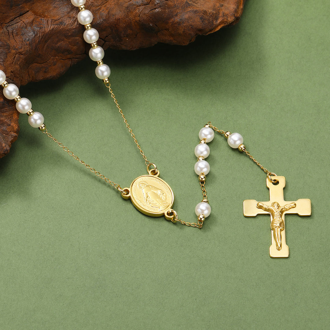 Rosenkranz aus Edelstahl/Kristallperlen mit Kruzifix - Perlweiß - image 11