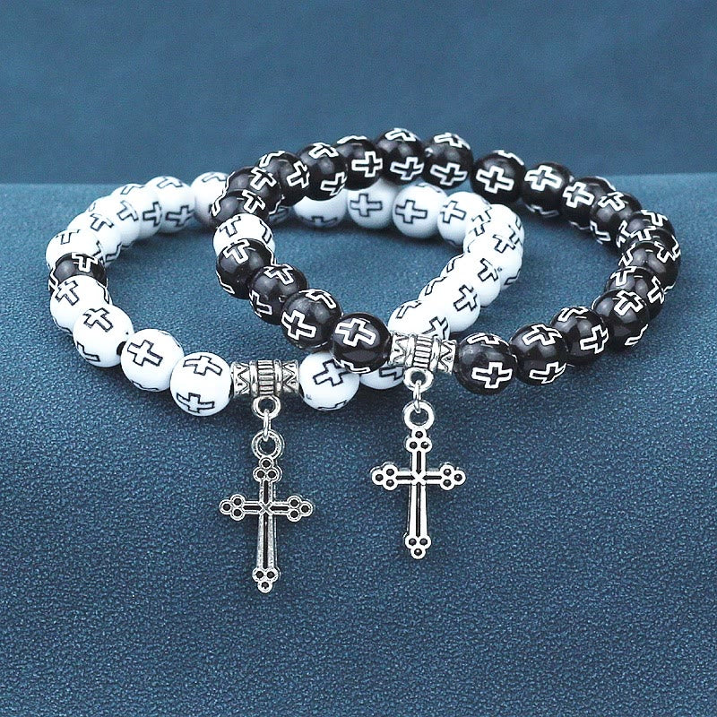 Christianartworkshop Armband mit schwarz-weiß bedruckten Perlen und Kreuz - Schwarz - image 0